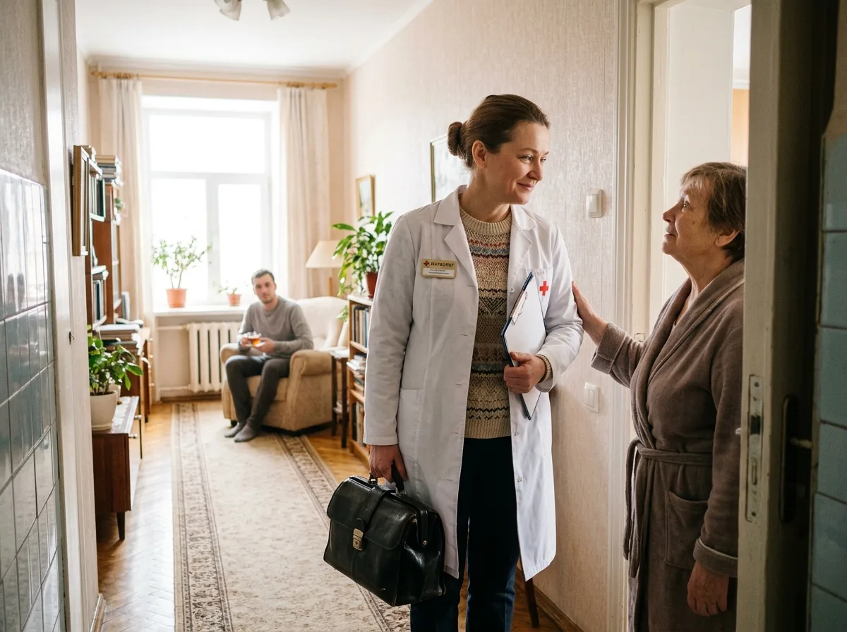 Врач-нарколог в белом халате с медицинским чемоданчиком приезжает на вызов к пациенту домой, светлая московская квартира, доверительная обстановка, утро