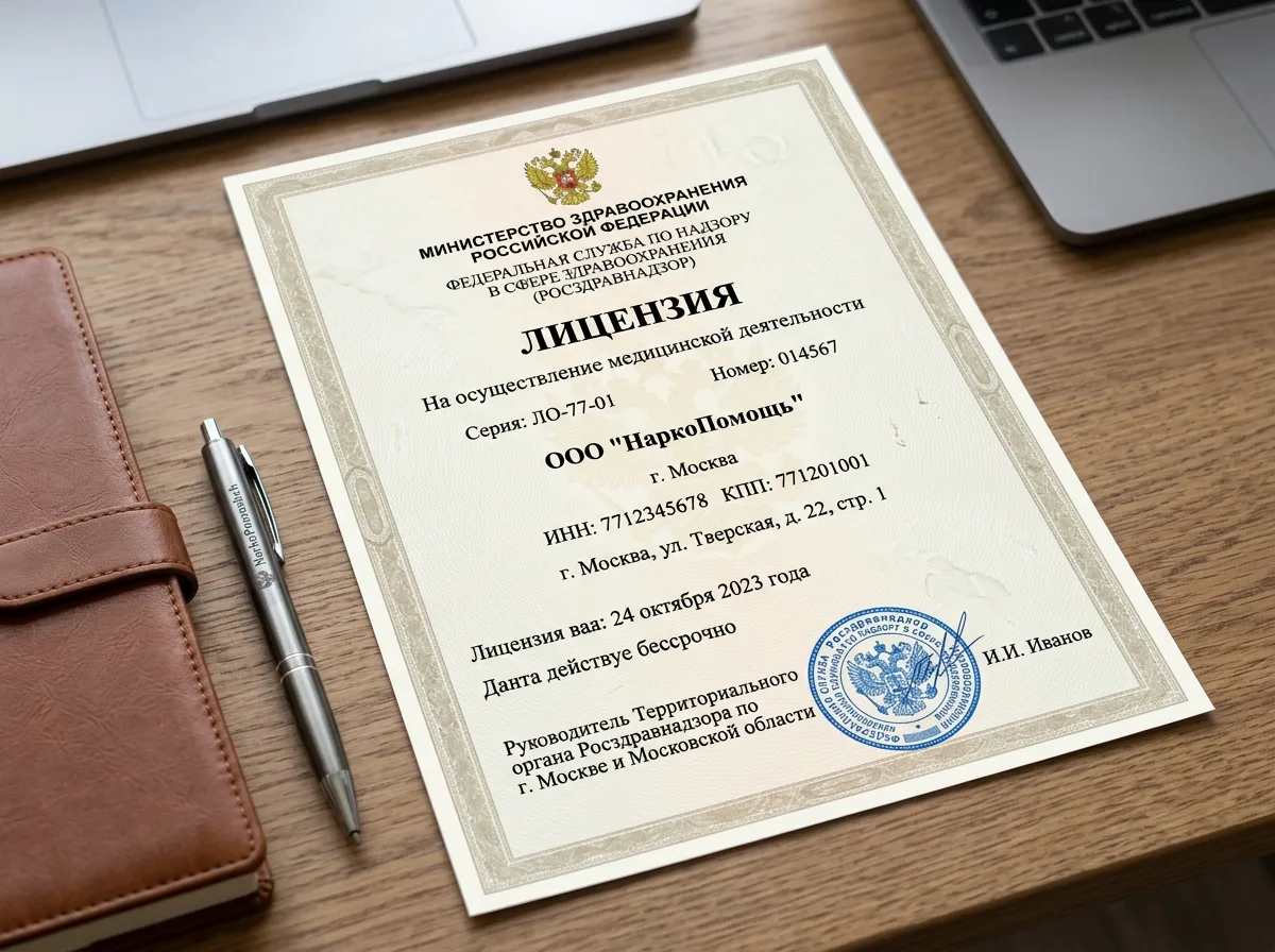 Медицинская лицензия Росздравнадзора ООО НаркоПомощь Москва — официальный документ на бланке, синяя гербовая печать