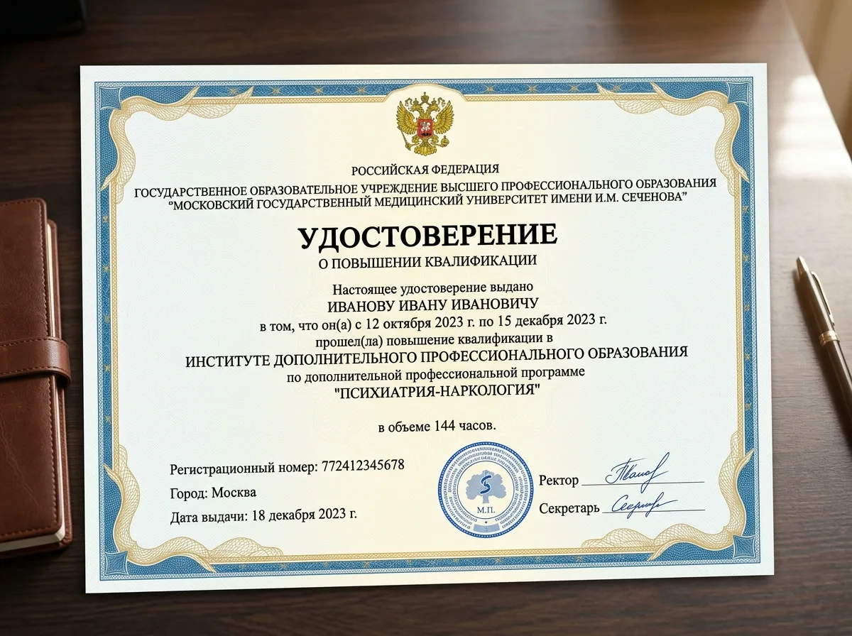 Сертификат повышения квалификации врача — наркология, психиатрия, дополнительное профессиональное образование